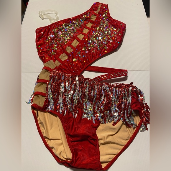 Glamour solo dance costume red sequin gems 2282 fringe stoned embellished XLA - Picture 3 of 9